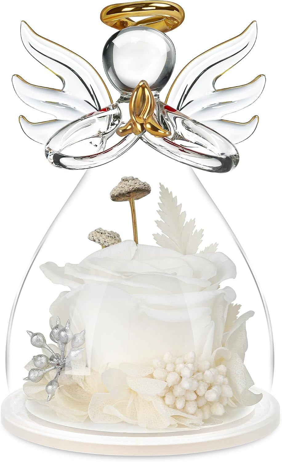 Preserved Flowers Rose in Glass Angel Figurines,Birthday Gifts for Women,Christmas Rose Gift for Her Women Mom,Valentines Gifts,Stocking Stuffers, White Flowers Gift for Grandma Wife Girlfriend