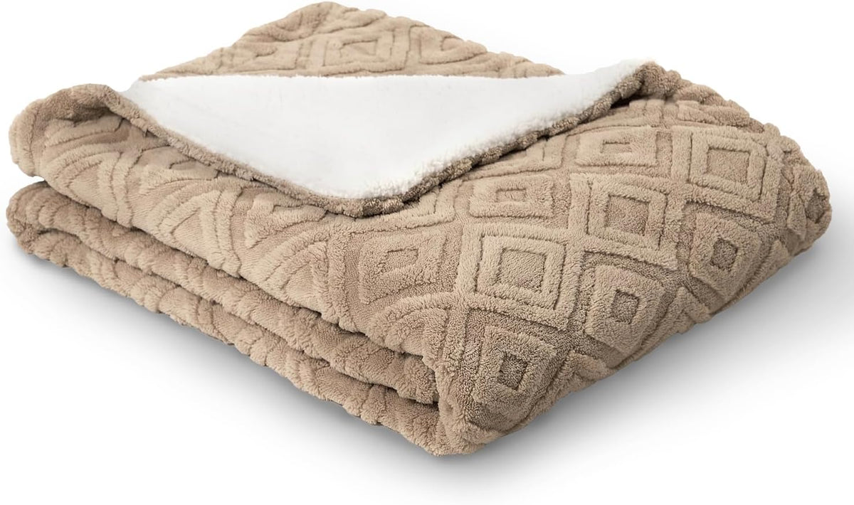 Jacquard Reversible Sherpa Throw Blanket, 50" X 60", Khaki Tan