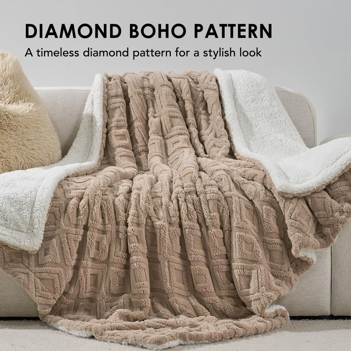 Jacquard Reversible Sherpa Throw Blanket, 50" X 60", Khaki Tan