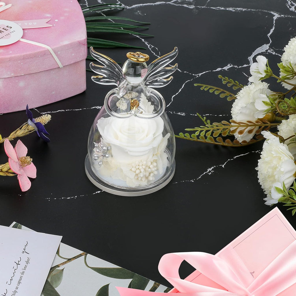 Preserved Flowers Rose in Glass Angel Figurines,Birthday Gifts for Women,Christmas Rose Gift for Her Women Mom,Valentines Gifts,Stocking Stuffers, White Flowers Gift for Grandma Wife Girlfriend