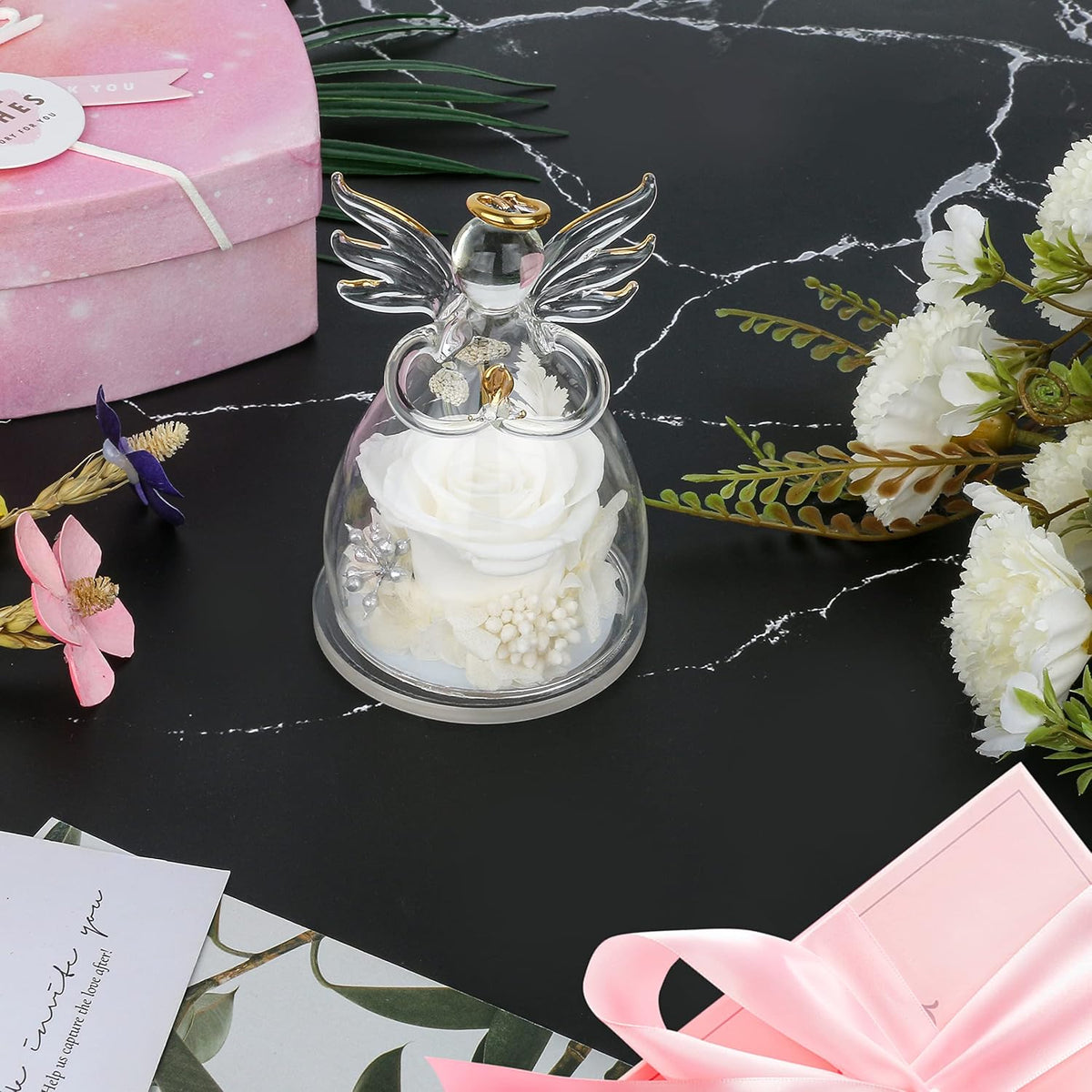 Preserved Flowers Rose in Glass Angel Figurines,Birthday Gifts for Women,Christmas Rose Gift for Her Women Mom,Valentines Gifts,Stocking Stuffers, White Flowers Gift for Grandma Wife Girlfriend