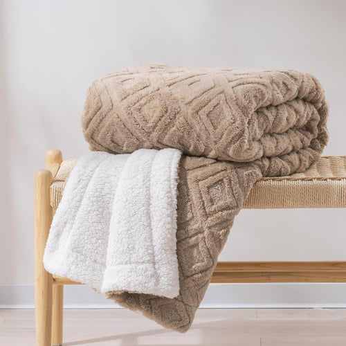 Jacquard Reversible Sherpa Throw Blanket, 50" X 60", Khaki Tan