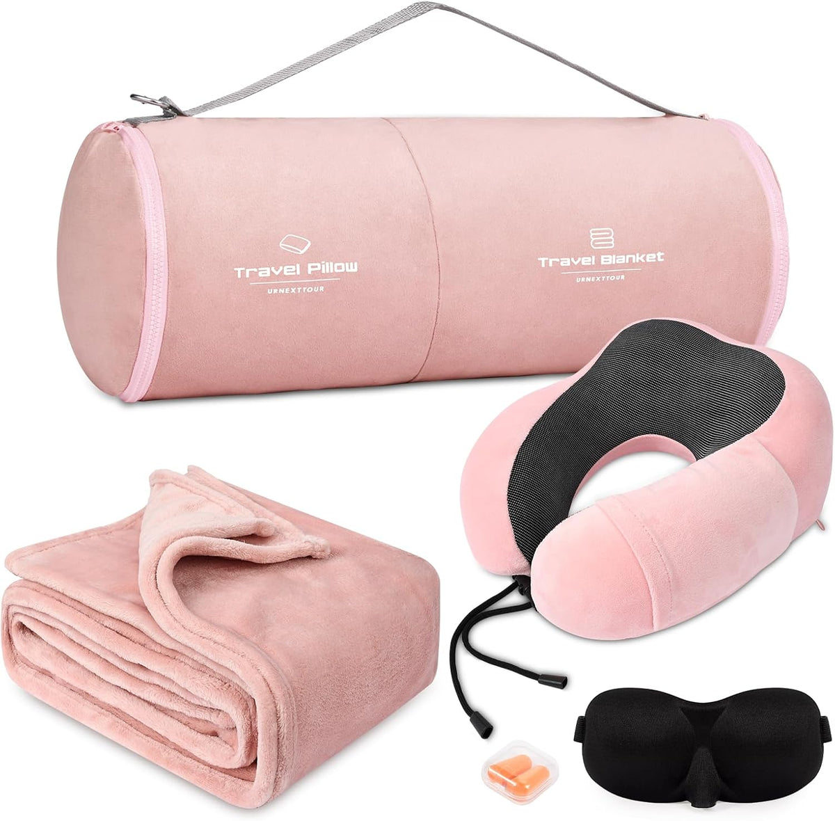 Pink travel pillow and blanket set with carry bag