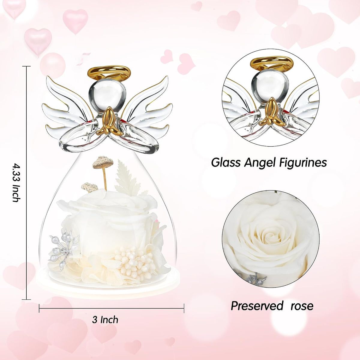 Preserved Flowers Rose in Glass Angel Figurines,Birthday Gifts for Women,Christmas Rose Gift for Her Women Mom,Valentines Gifts,Stocking Stuffers, White Flowers Gift for Grandma Wife Girlfriend