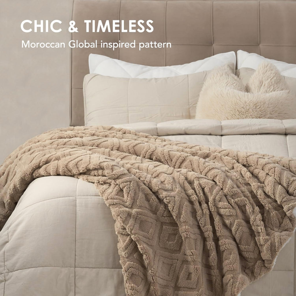 Jacquard Reversible Sherpa Throw Blanket, 50" X 60", Khaki Tan